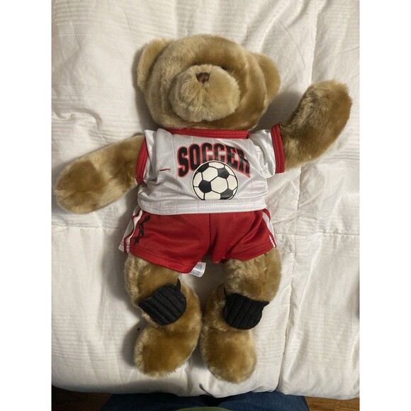 Build A Bear Plush Stuffed Brown Teddy Bear Soccer Shirt Shorts Shin Guards Red - Picture 1 of 11